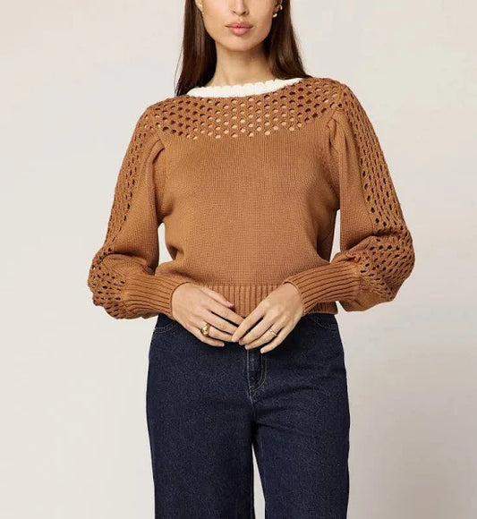 Anwen Long Sleeve Sweater in brown/ivory by Cleobella