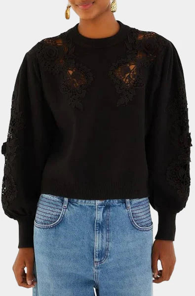 Lace Detail Sweater in black by Farm Rio