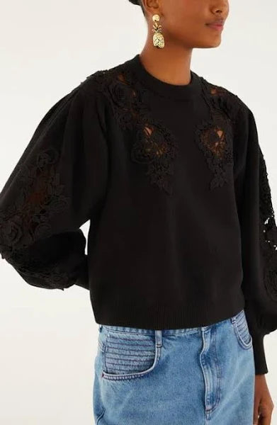Lace Detail Sweater in black by Farm Rio