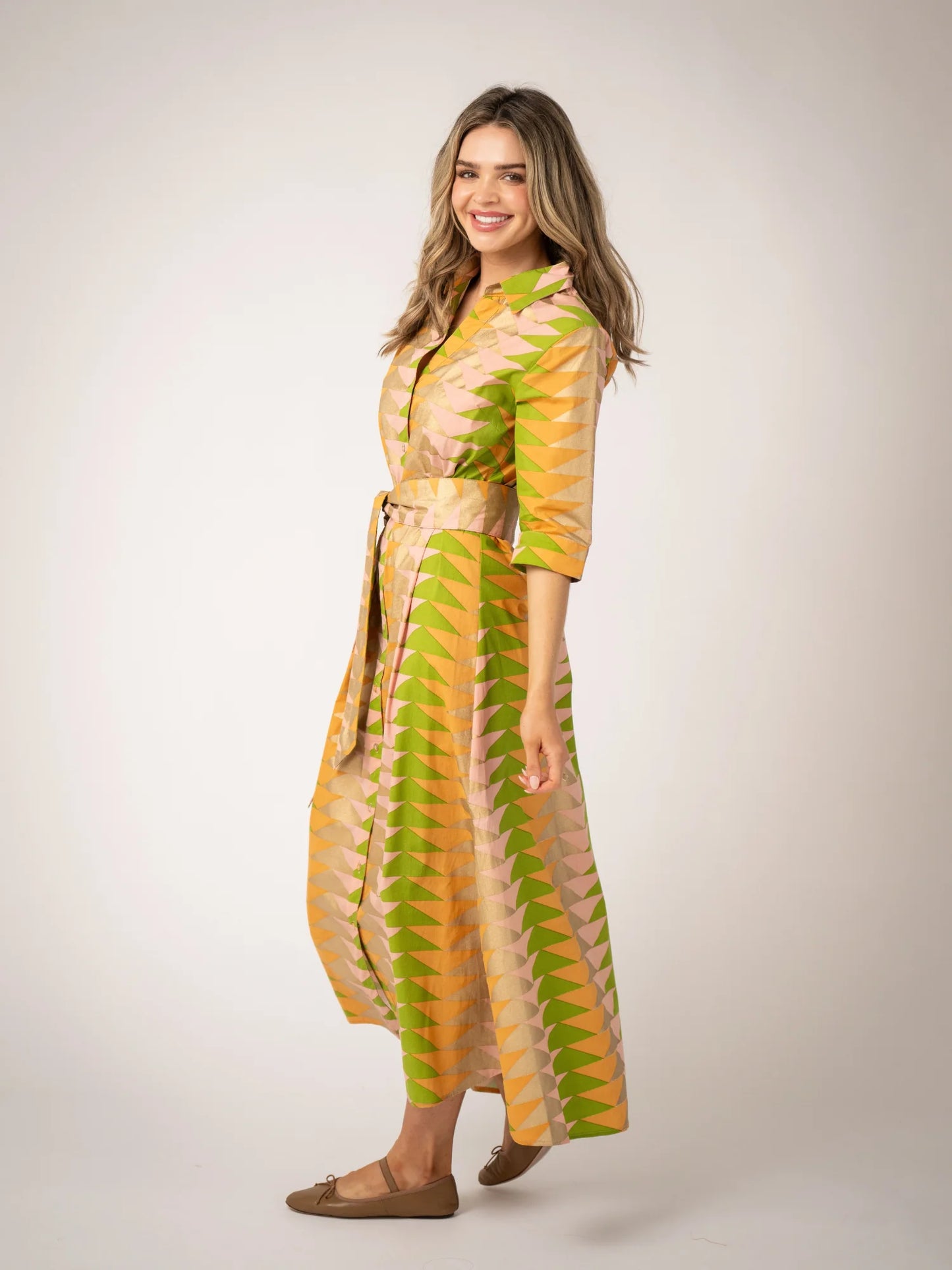 side view of model wearing printed cotton dress