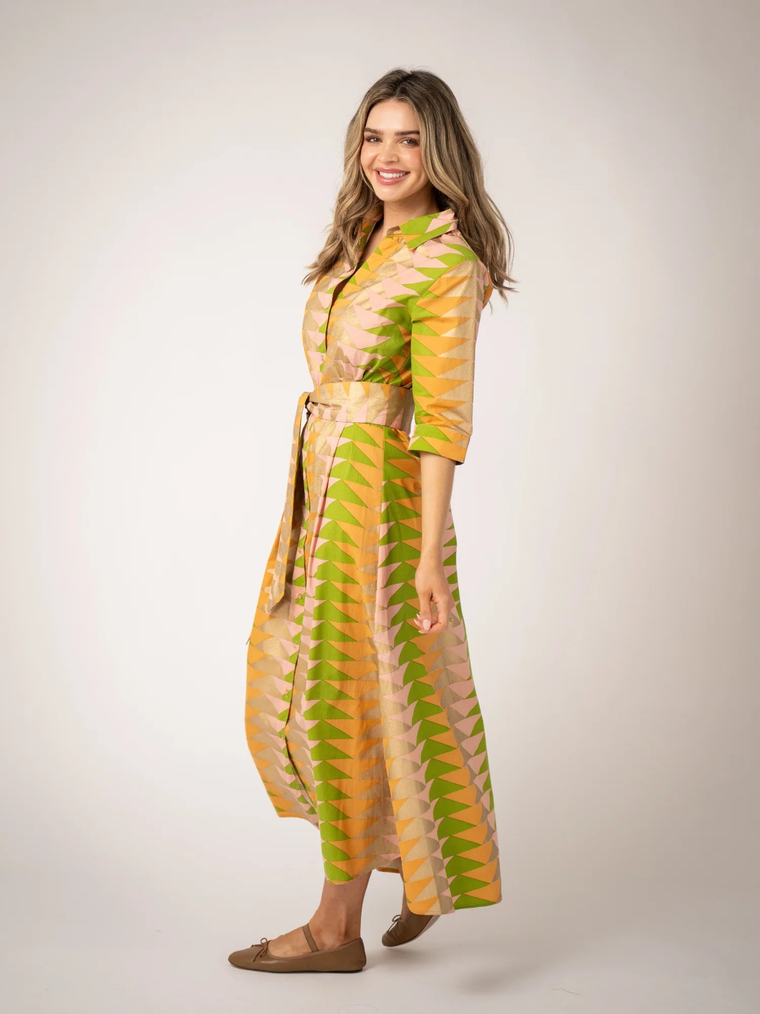 side view of model wearing printed cotton dress