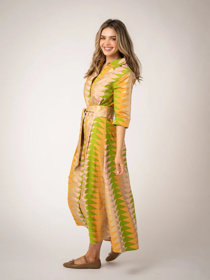 side view of model wearing printed cotton dress