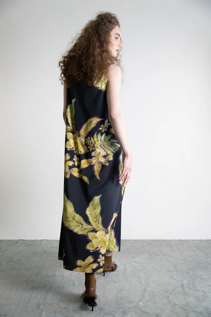 Sleeveless Floral Printed Maxi Dress in gold by Psophia