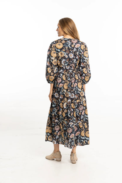 Sonia Printed Maxi Dress in navy gardenia by Bindu