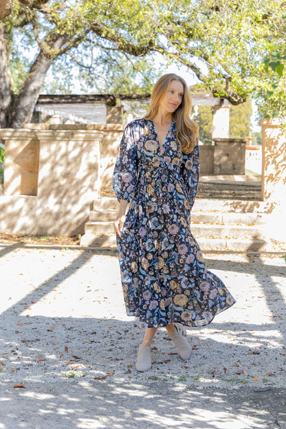 Sonia Printed Maxi Dress in navy gardenia by Bindu