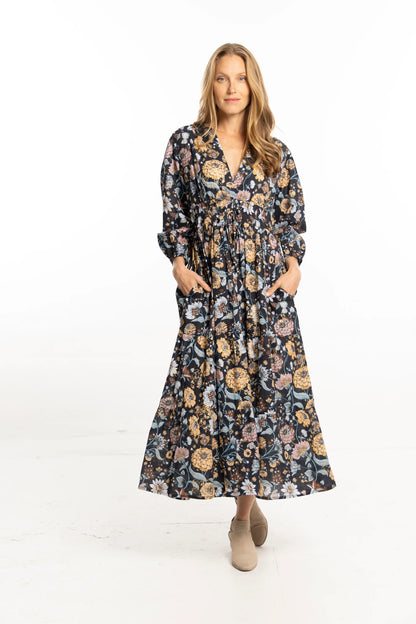 Sonia Printed Maxi Dress in navy gardenia by Bindu