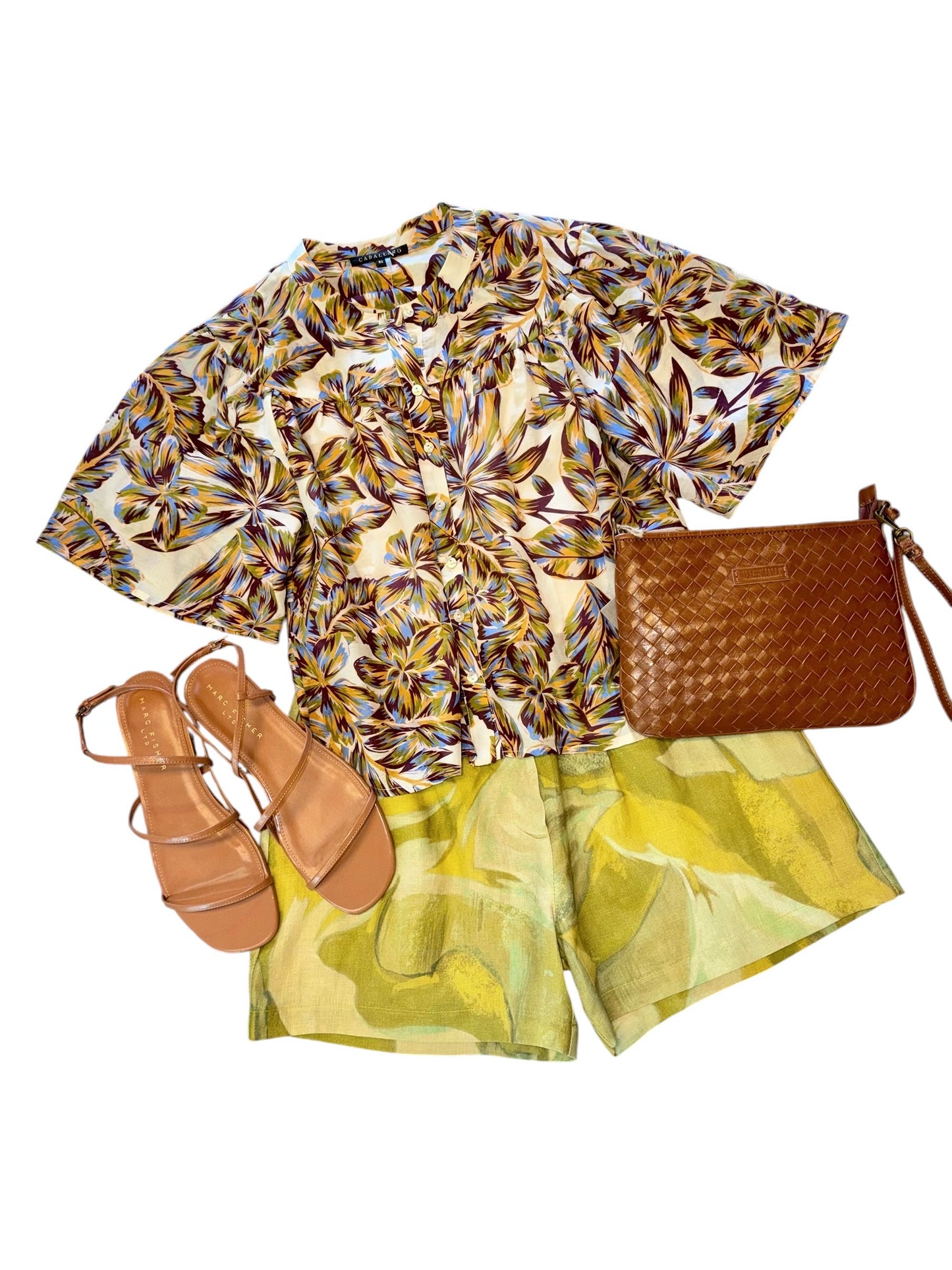 womens botanical print shirt styled with sandals and cotton shorts
