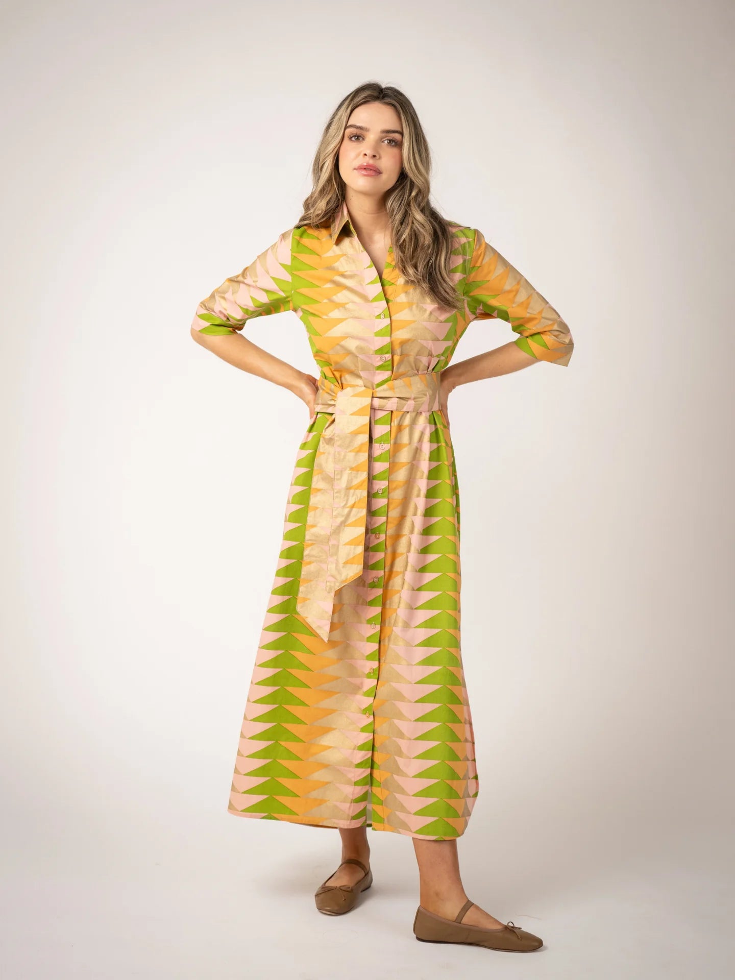 Eloise Maxi Dress in yellow bagru triangle sunrise by Beau & Ro