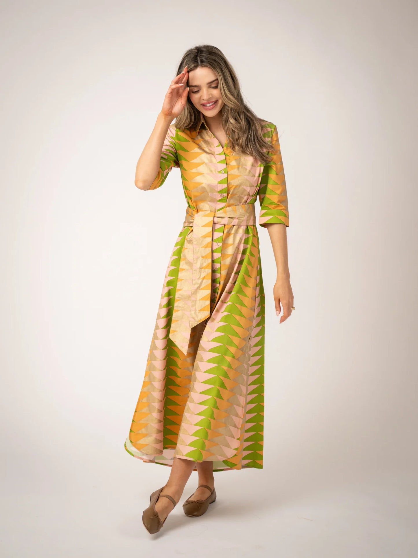 Eloise Maxi Dress in yellow bagru triangle sunrise by Beau & Ro