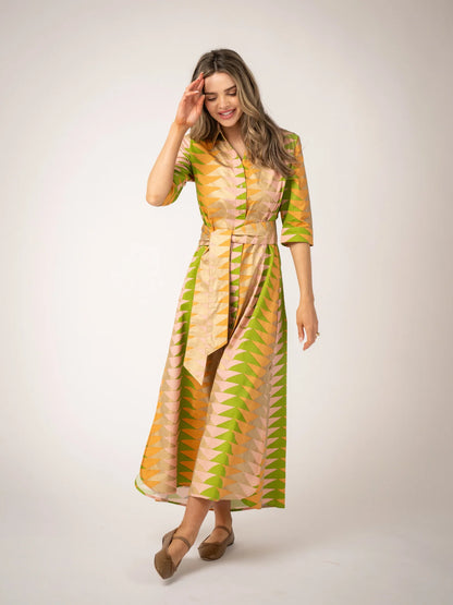 Eloise Maxi Dress in yellow bagru triangle sunrise by Beau & Ro