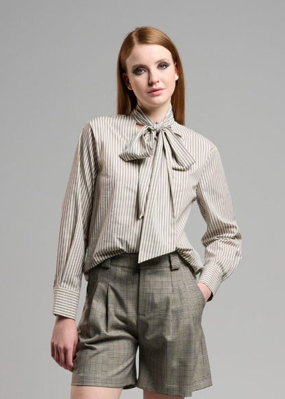 Stripe Neck Tie Blouse in grey by B-YU