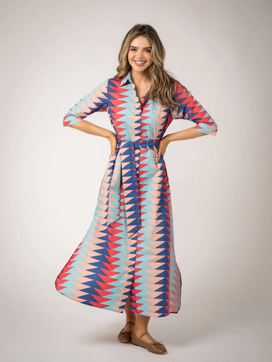 Eloise Maxi Dress in atlantic bagru triangle multi by Beau & Ro