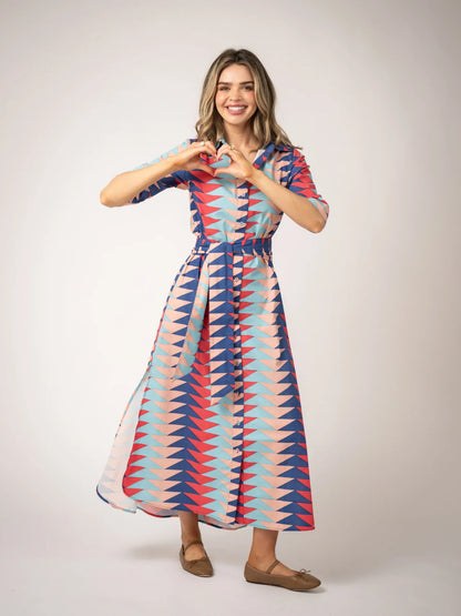 Eloise Maxi Dress in atlantic bagru triangle multi by Beau & Ro