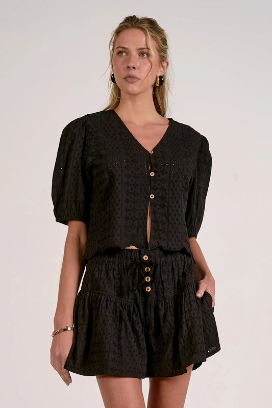 Short Sleeve Tie Front Top in black by Elan