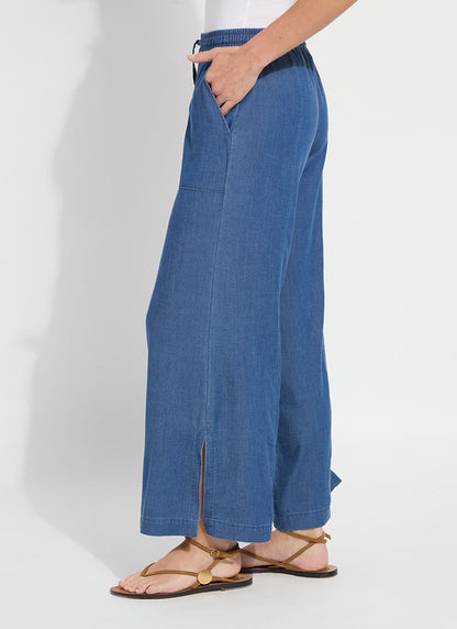 Lilia Drawstring Ankle Wide Leg Pant in mid wash by Lysse