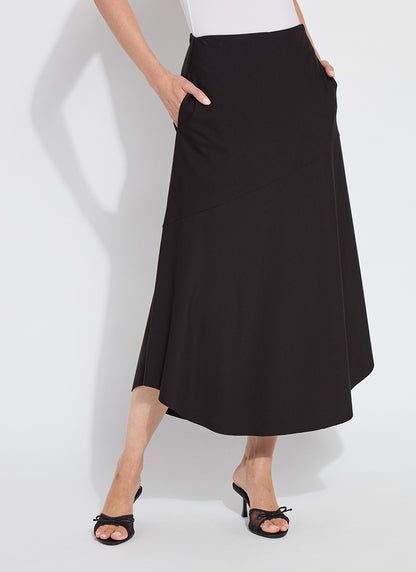 Drapey Ponte A-line Midi Skirt in black by Lysse
