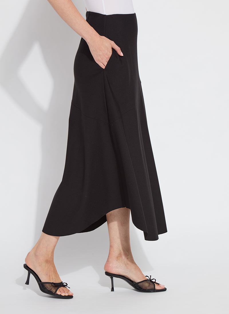 Drapey Ponte A-line Midi Skirt in black by Lysse