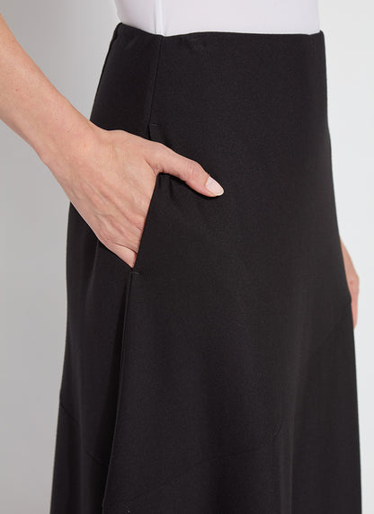 Drapey Ponte A-line Midi Skirt in black by Lysse