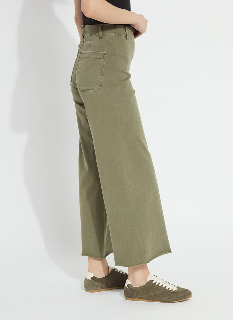 Erin Hi Waist Wide Leg Denim in antique wash smocked green by Lysse