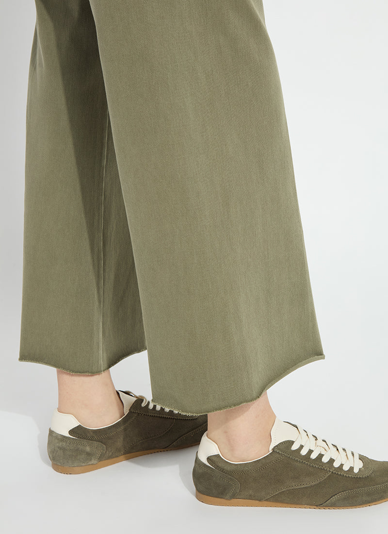 Erin Hi Waist Wide Leg Denim in antique wash smocked green by Lysse