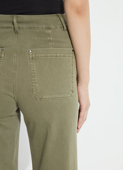 Erin Hi Waist Wide Leg Denim in antique wash smocked green by Lysse