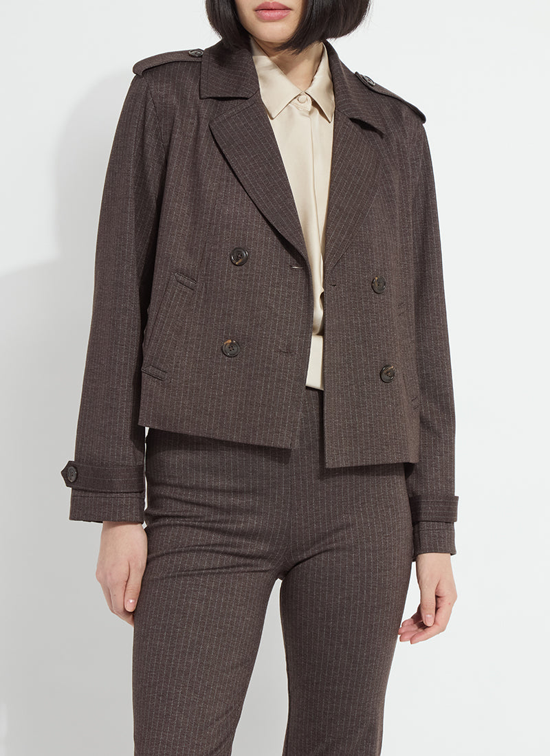 Thora Ponte Double Breasted Crop Trench in hairline stripe by Lysse