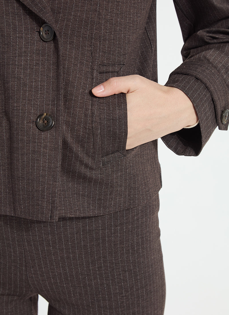 Thora Ponte Double Breasted Crop Trench in hairline stripe by Lysse