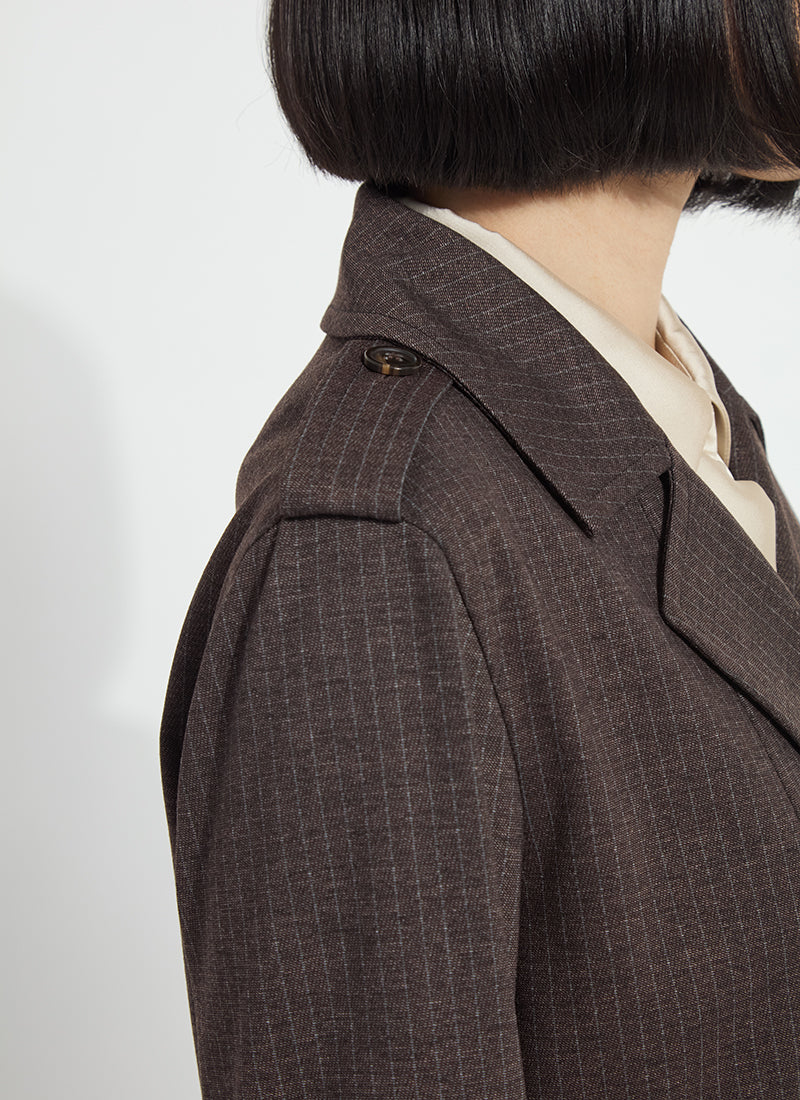 Thora Ponte Double Breasted Crop Trench in hairline stripe by Lysse