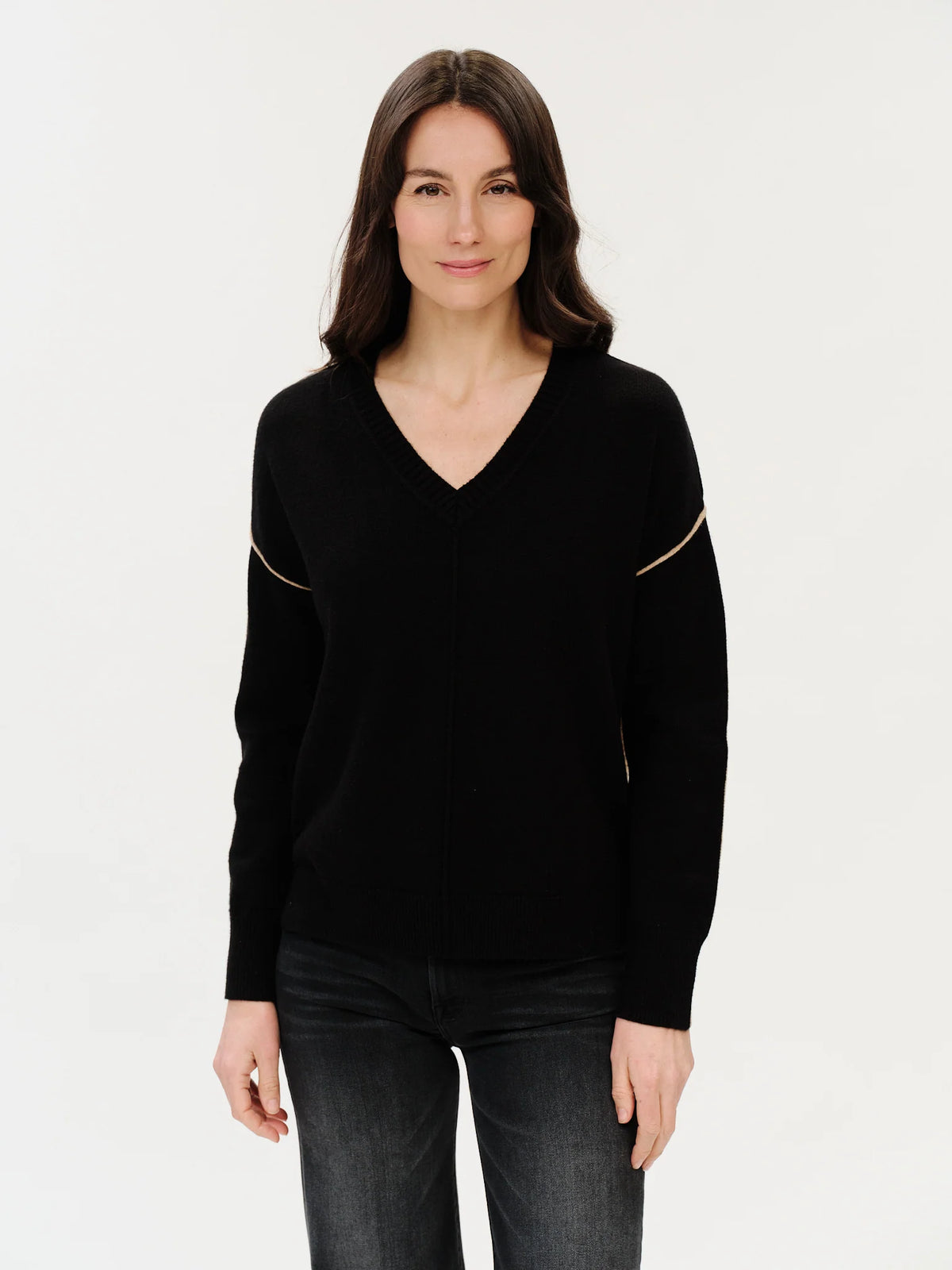 V-Neck Exposed Seam Sweater in black/camel by Six Fifty