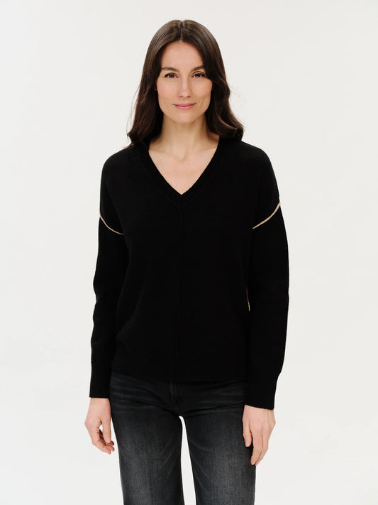 V-Neck Exposed Seam Sweater in black/camel by Six Fifty