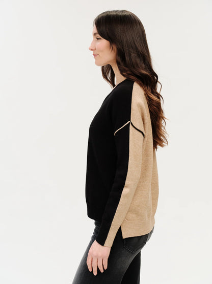 V-Neck Exposed Seam Sweater in black/camel by Six Fifty