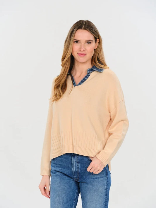 Eileen Mixed Media Sweater in off white by Six Fifty