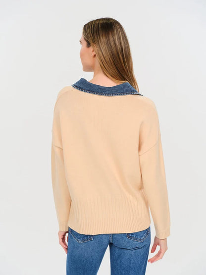 Eileen Mixed Media Sweater in off white by Six Fifty