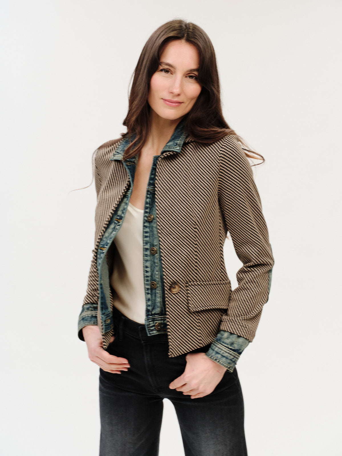Mixed Media Denim Jacket in lexington check by Six Fifty