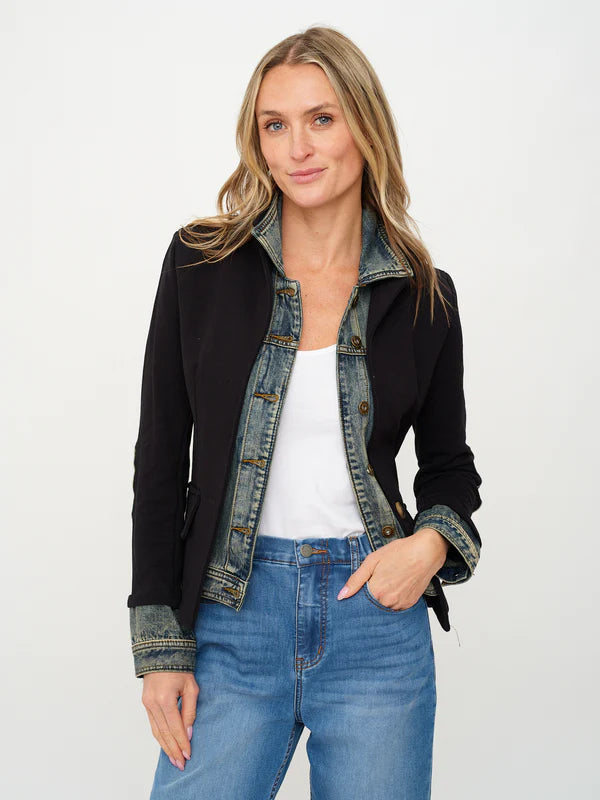 Clarissa Mixed Media Blazer in black by Six Fifty