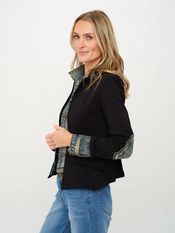 Clarissa Mixed Media Blazer in black by Six Fifty