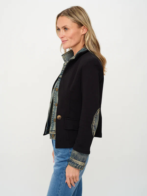 Clarissa Mixed Media Blazer in black by Six Fifty