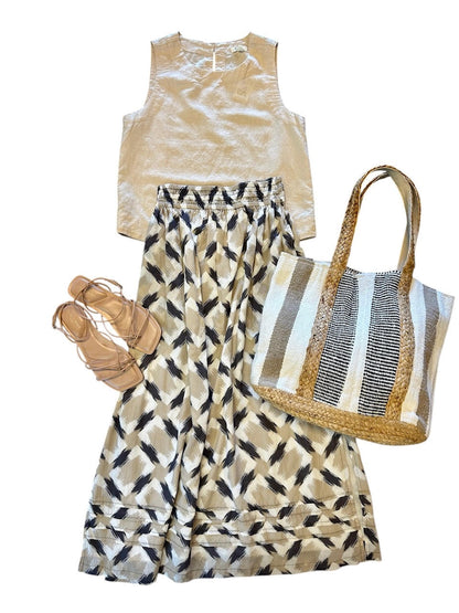 Lilla P Summer Capsule Event- Shirred Elastic Waist Skirt in neutral ikat