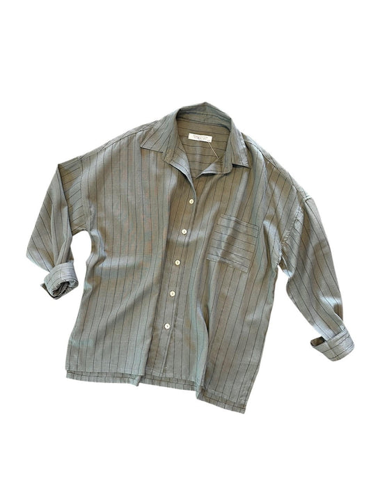 Linen Stripe Button Up Top in army by Haris Cotton