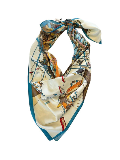Train Print Silky Twill Scarf in ivory