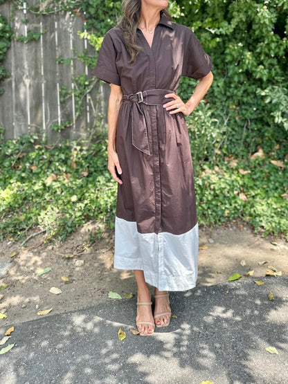 Collared Maxi Shirt Dress in espresso colorblock by Lilla P