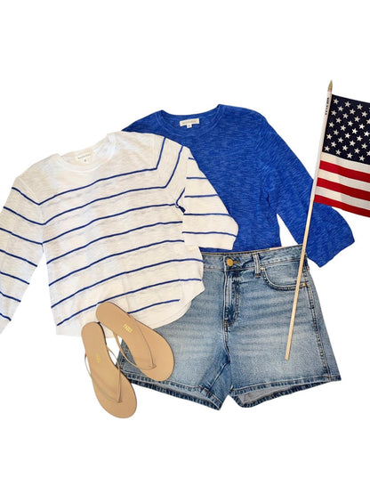 3/4 Sleeve Swing Stripe Sweater in white/tanzanite by Mododoc