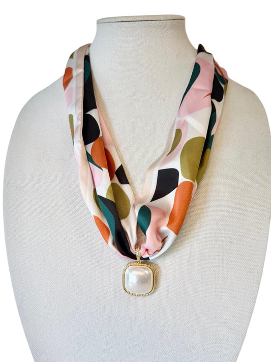 Pearl Square Scarf Necklace in pink multi by Virtue