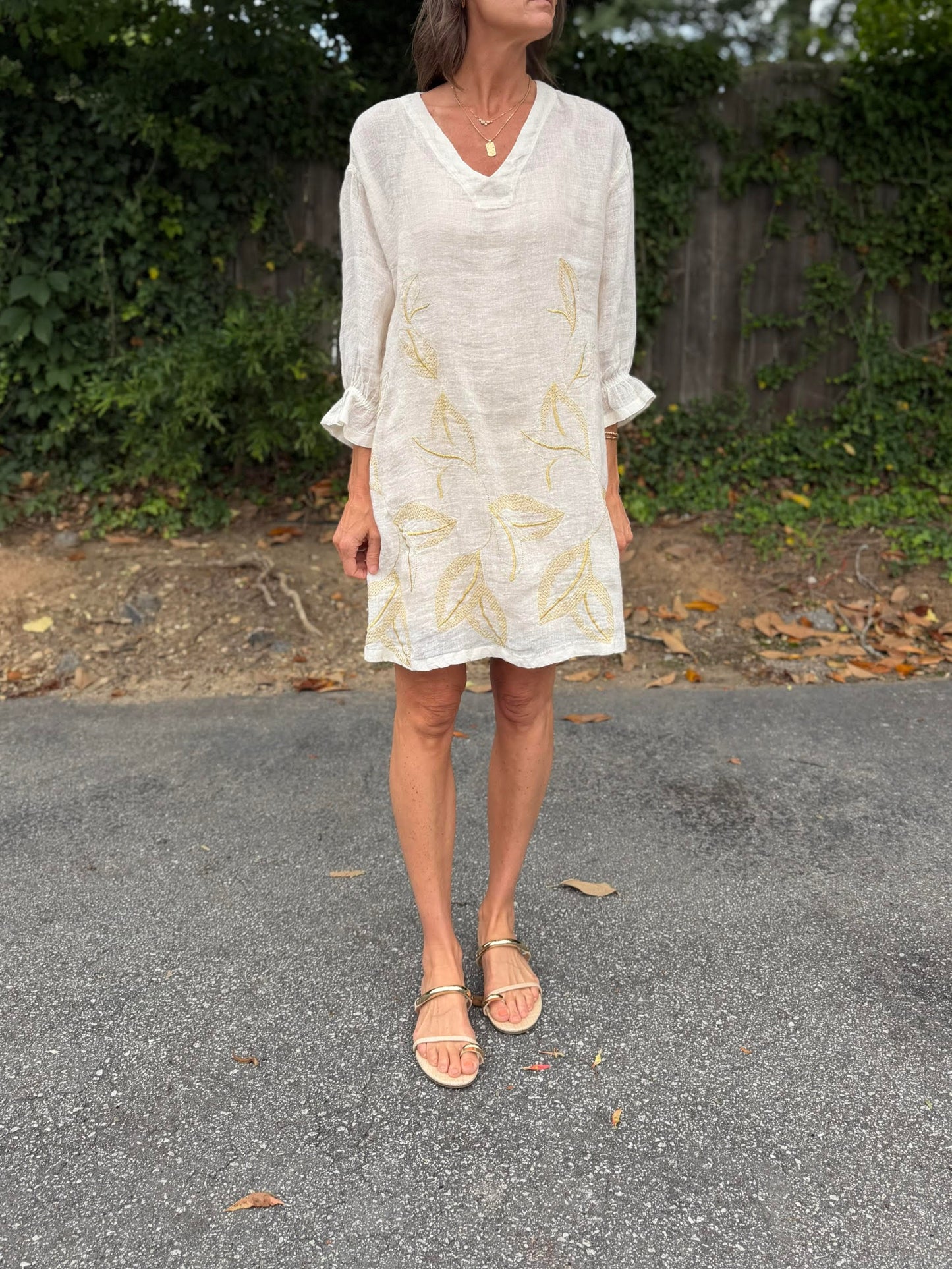 Embroidered Linen Dress in ecru/gold by Haris Cotton