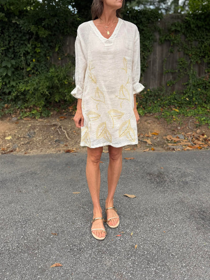 Embroidered Linen Dress in ecru/gold by Haris Cotton