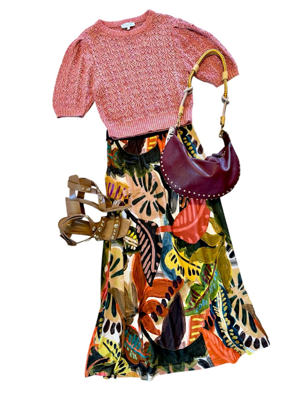 Abstract Printed Midi Skirt in marron by Aldo Martins