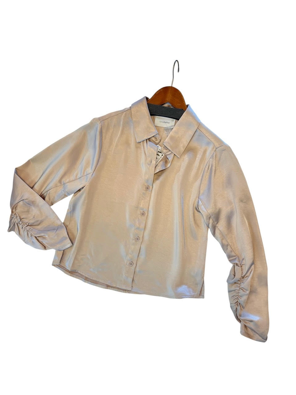 Dessi Satin Ruched Sleeve Button Down in natural champagne by Six Fifty