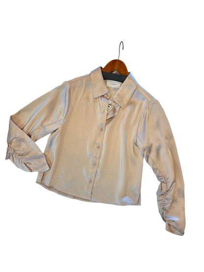Dessi Satin Ruched Sleeve Button Down in natural champagne by Six Fifty