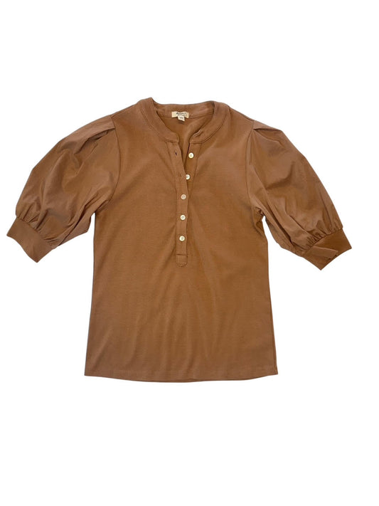 Mae Henley Top with Poplin Sleeve in mocha by Dylan