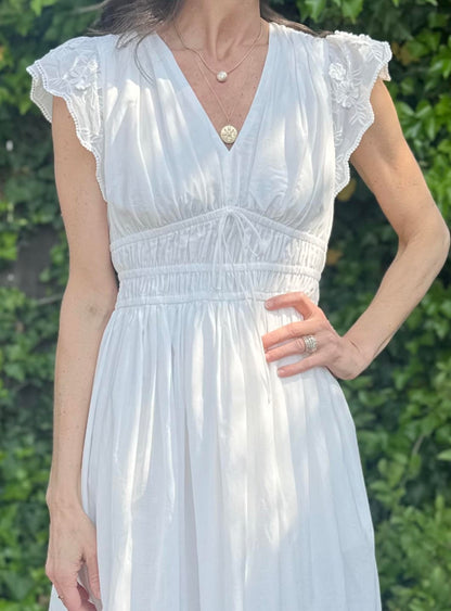 V-neck Flutter Slv White Midi Dress in White by Current Air